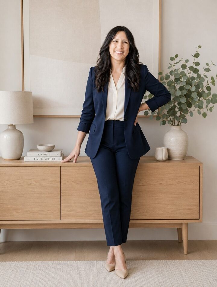 Mila, founder of Mila Bookkeeping and a Lynn, MA bookkeeper, smiling in a navy suit in her office